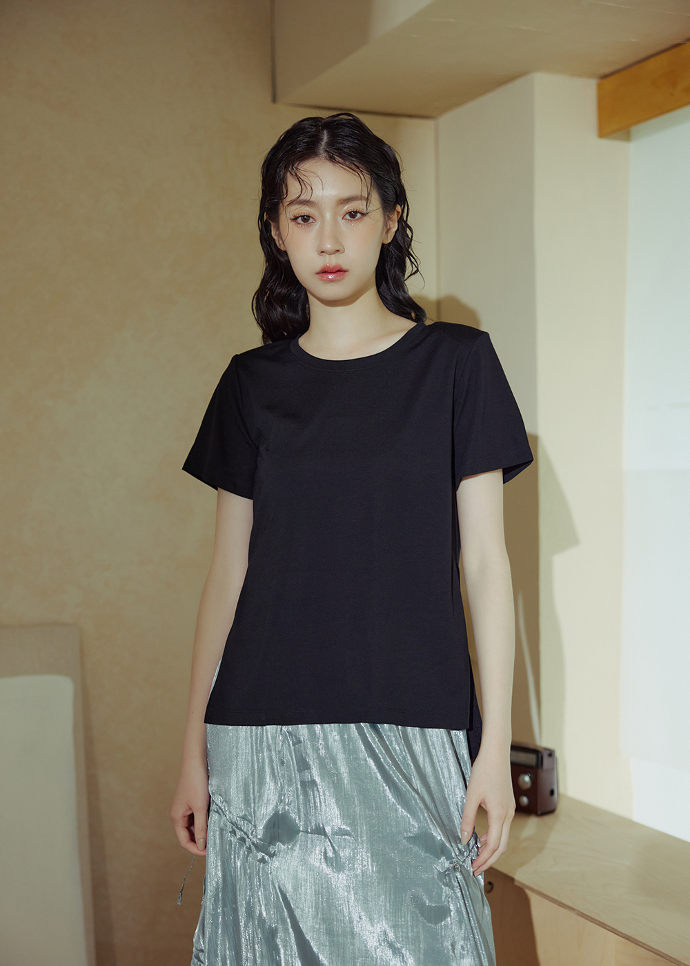 時髦墊肩開衩百搭上衣