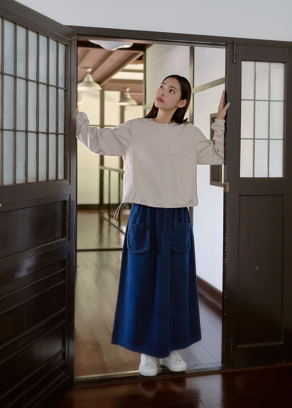 森系列休閒縮口拼接口袋T