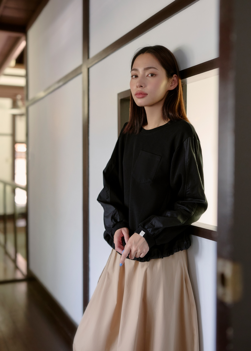 森系列休閒縮口拼接口袋T