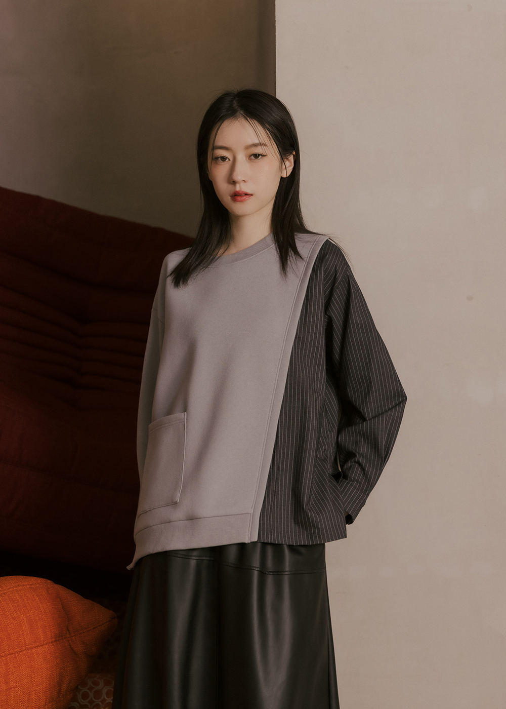 高級質感西裝布拼接上衣