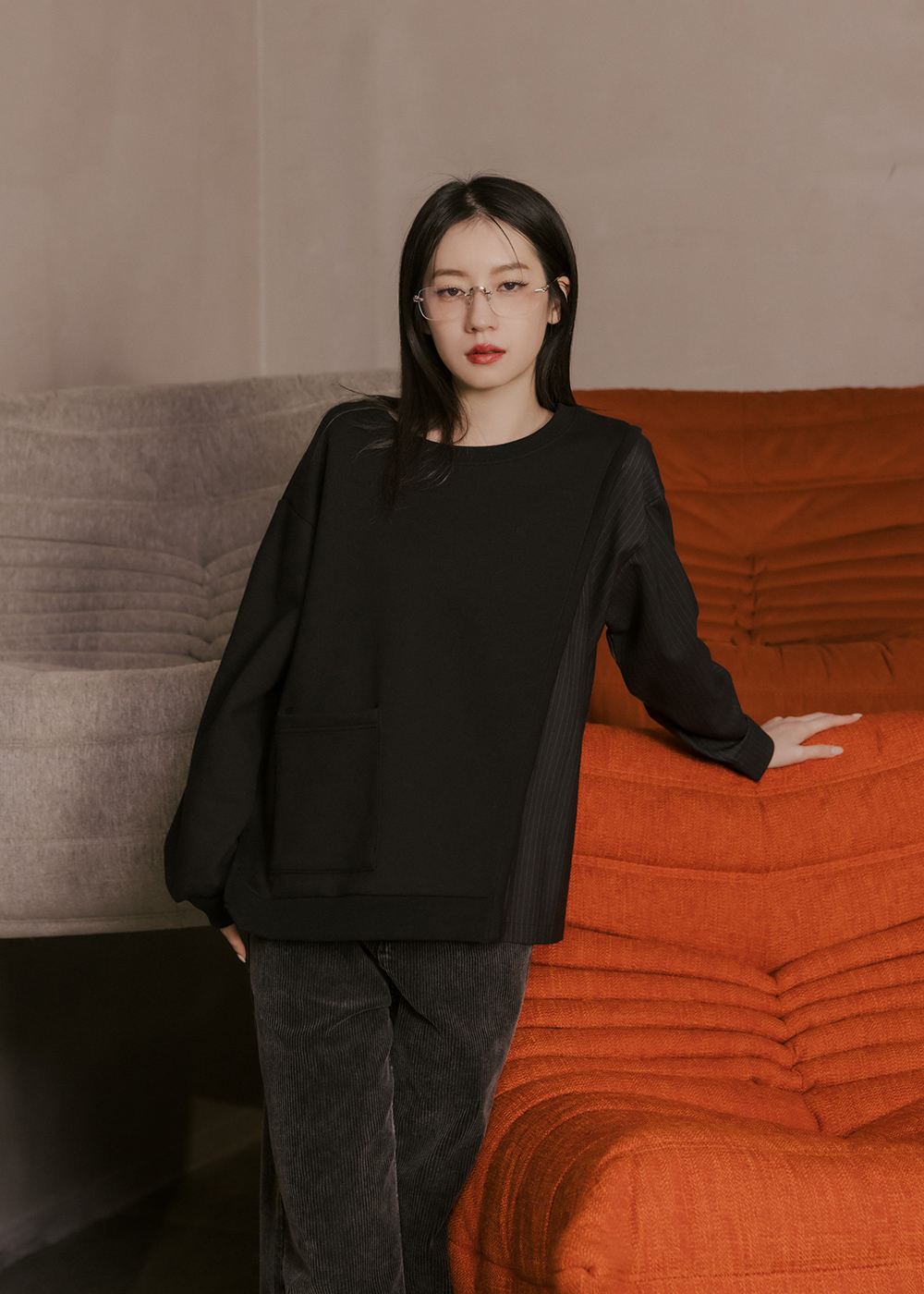 高級質感西裝布拼接上衣