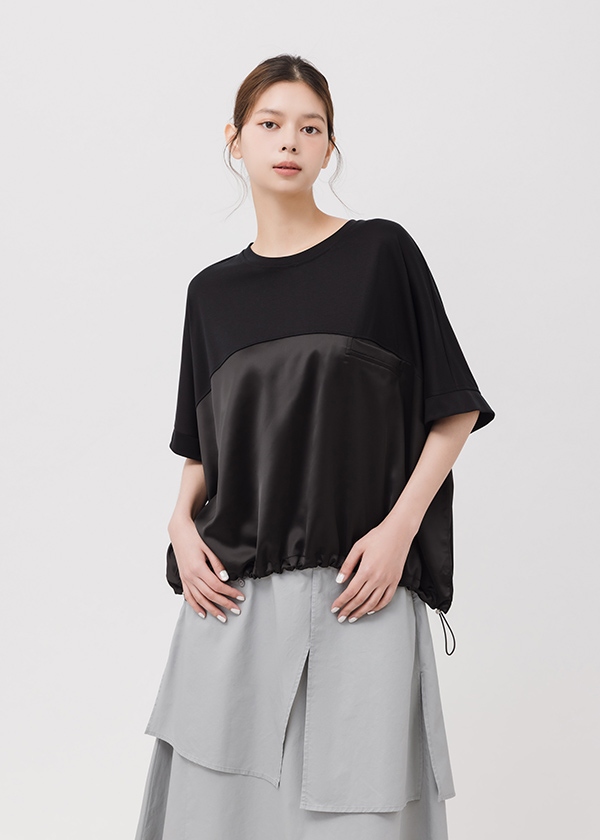 光澤拼接質感抽繩上衣