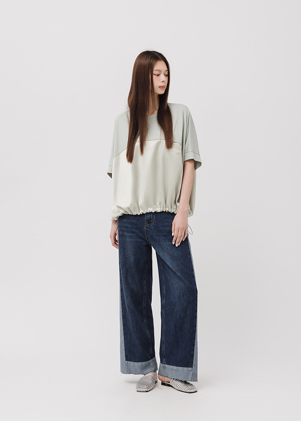 光澤拼接質感抽繩上衣