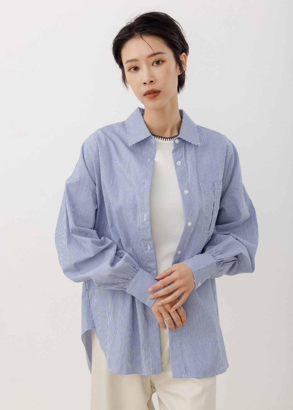 經典藍細條澎袖襯衫