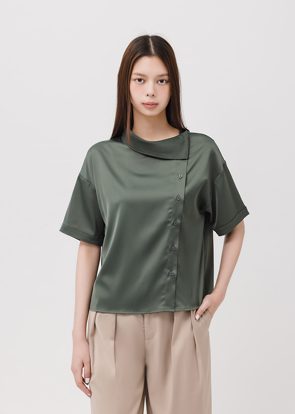 不對稱領設計光澤襯衫