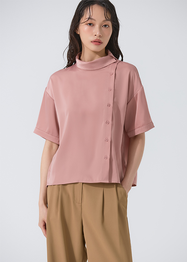 不對稱領設計光澤襯衫