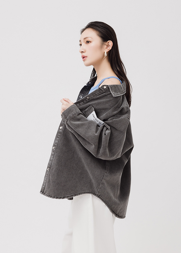 丹寧個性水洗口袋襯衫