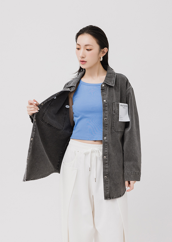 丹寧個性水洗口袋襯衫