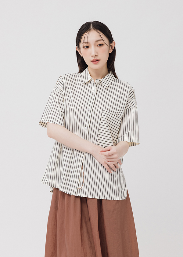 袖兩穿條紋口袋短袖襯衫