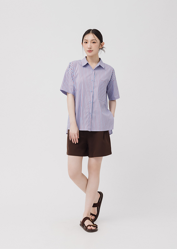袖兩穿條紋口袋短袖襯衫
