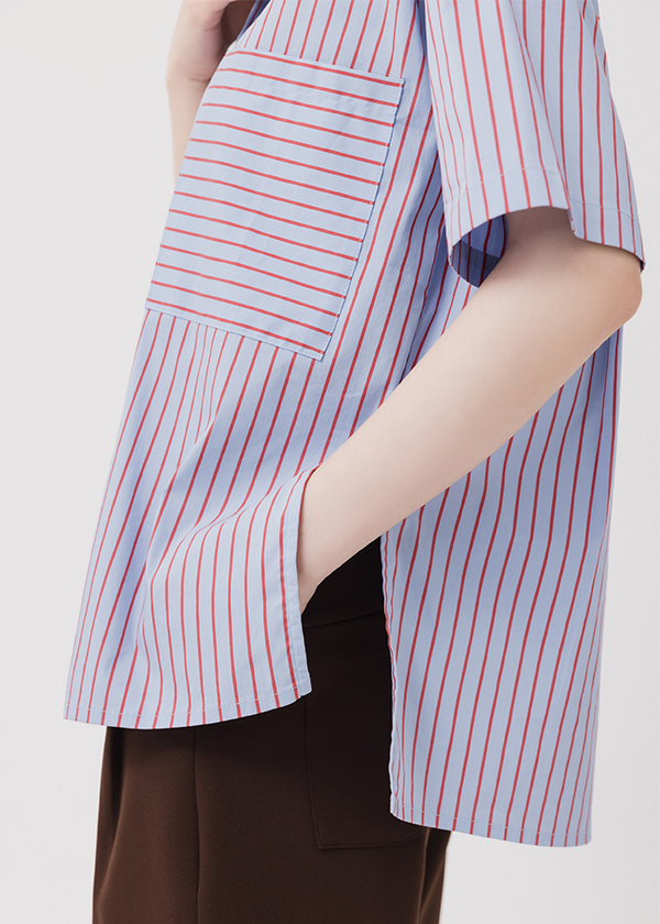 袖兩穿條紋口袋短袖襯衫
