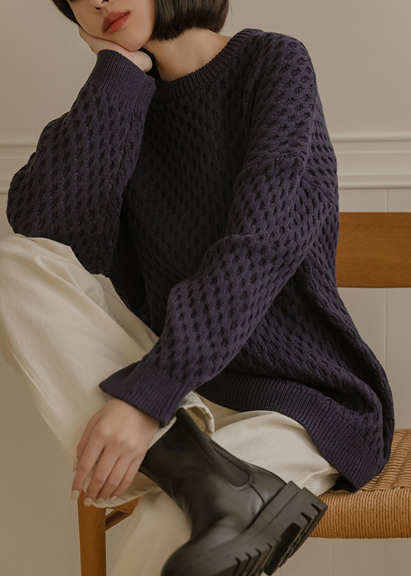 特殊織紋鬆餅寬鬆針織毛衣