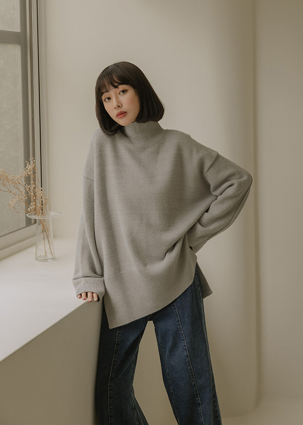 袖線立體織紋高領針織毛衣