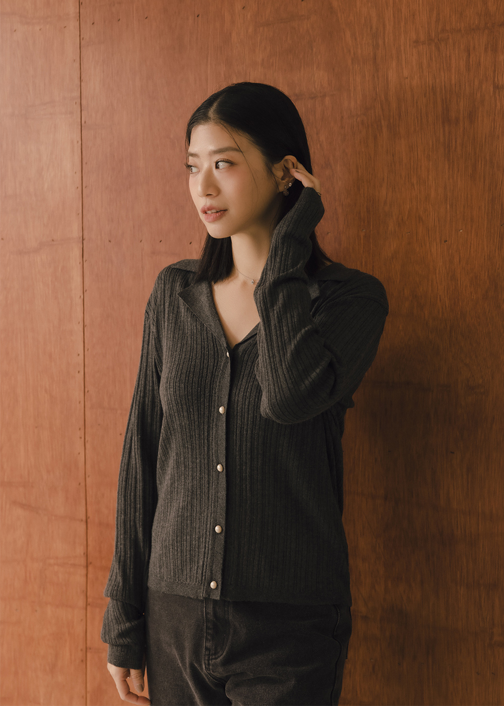 珍珠細織紋針織上衣