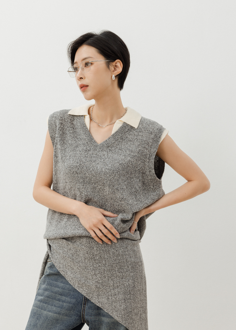 撞色翻領雜點針織背心