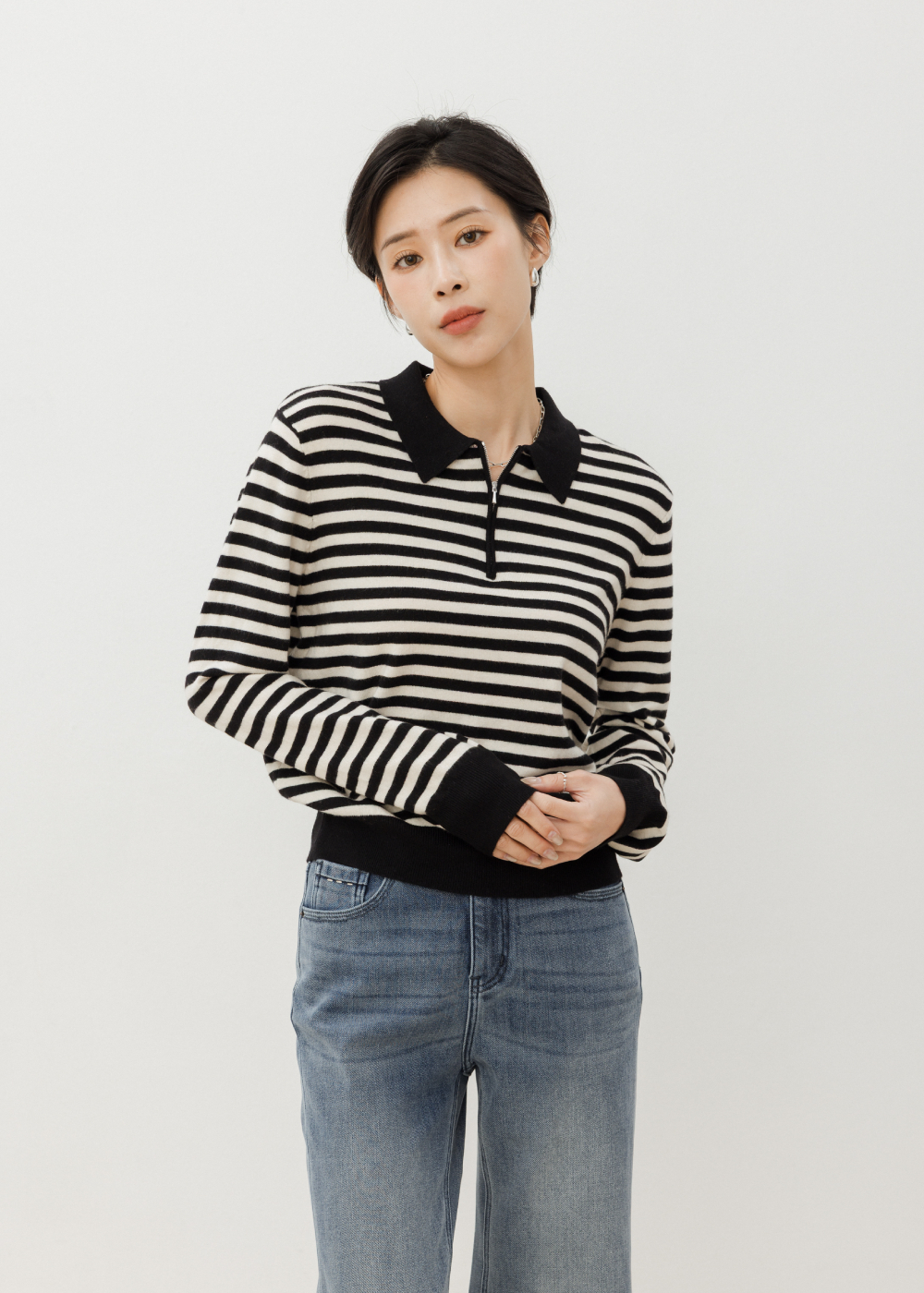柔膚羊毛橫條POLO領上衣