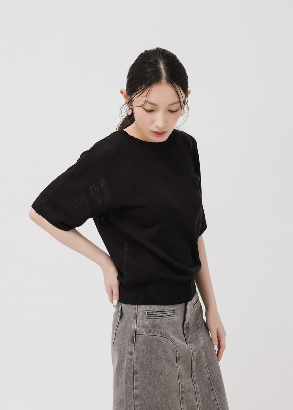 連袖圓領基礎針織上衣