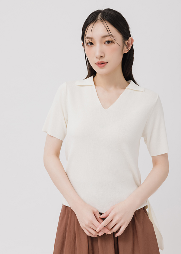 領片V領側綁帶針織上衣