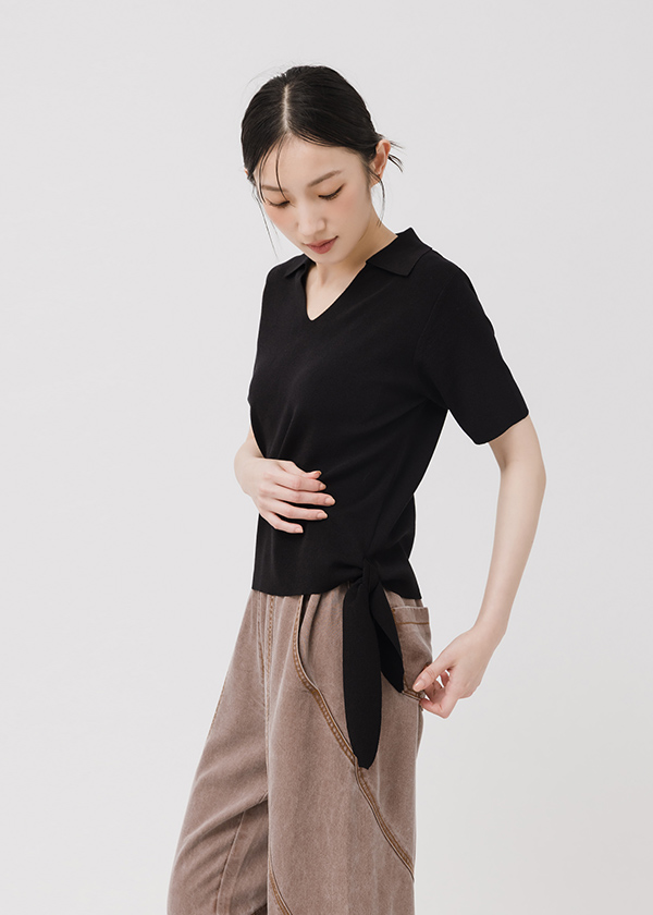 領片V領側綁帶針織上衣