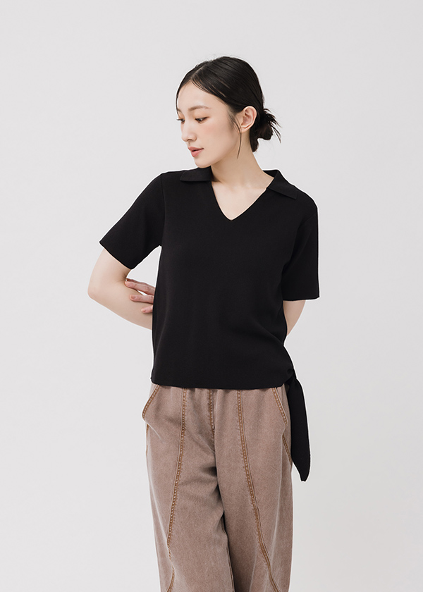 領片V領側綁帶針織上衣