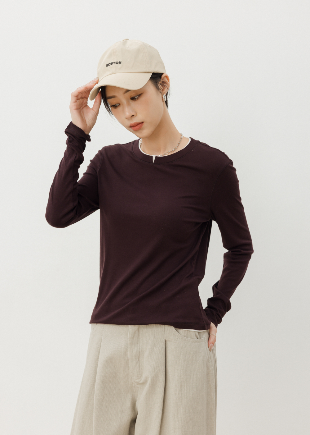 小V開岔天絲羊毛長袖上衣