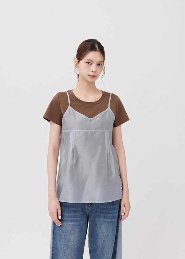 兩件式絲光肩帶短袖上衣