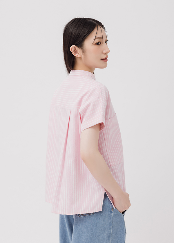 條紋小立領大口袋上衣
