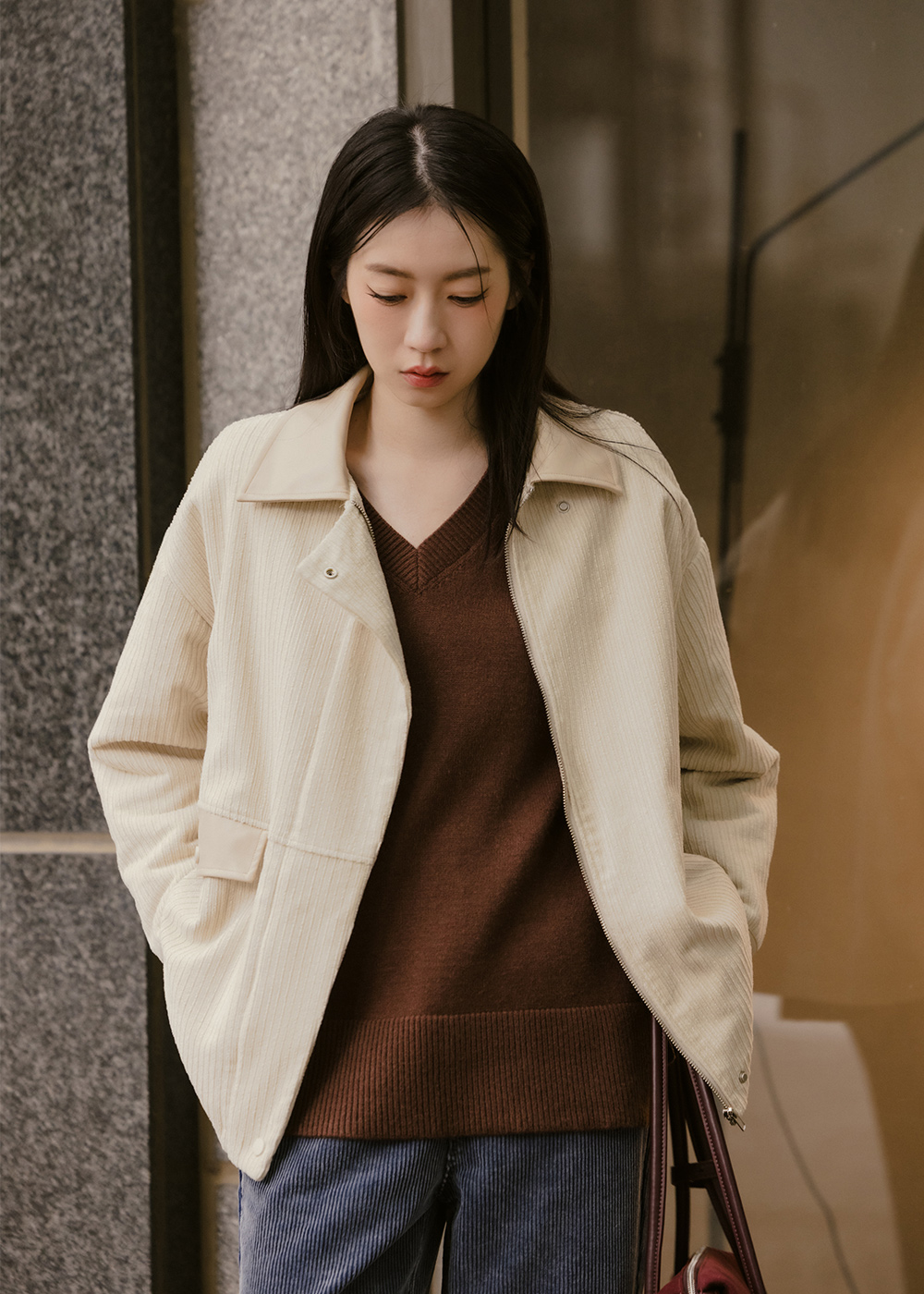 絨布拼接皮革穀倉外套