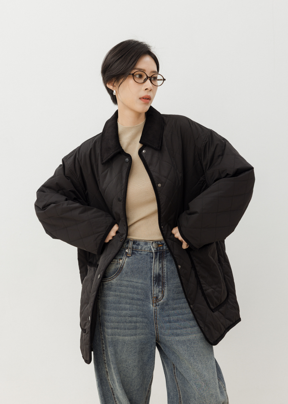 復古菱格燈芯絨立領鋪棉外套