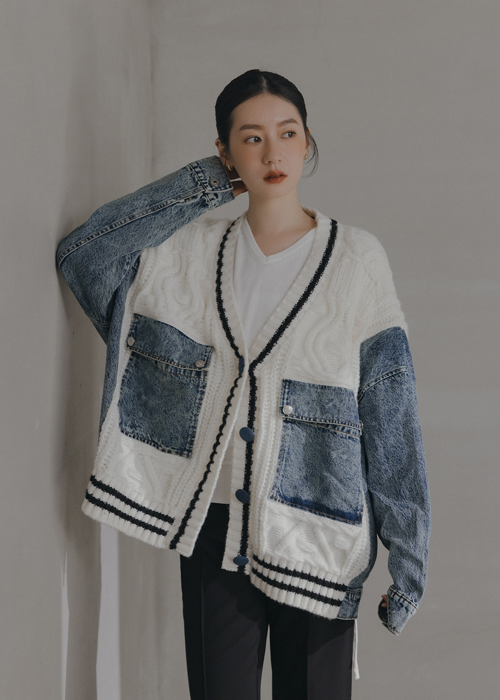 丹寧拼接針織外套