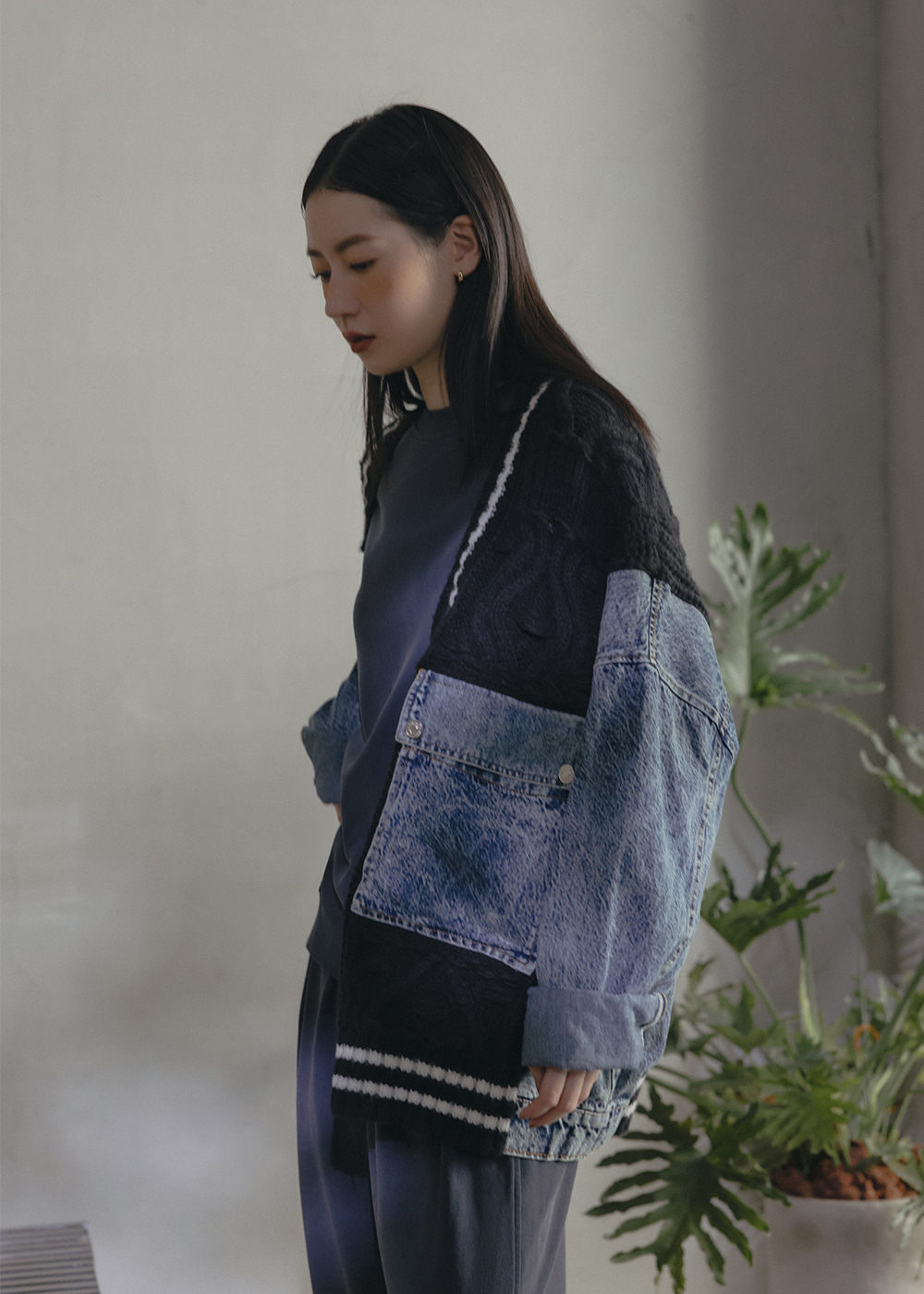 丹寧拼接針織外套