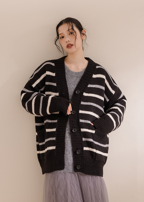 跳色條紋針織外套