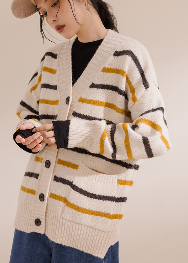 跳色條紋針織外套