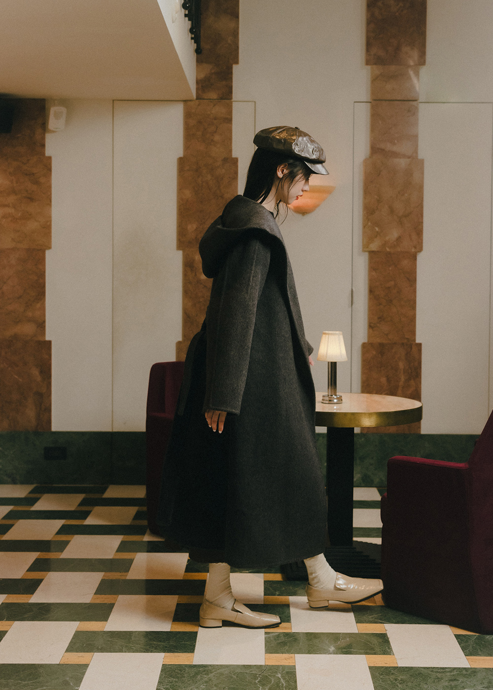 質感羊毛綁帶連帽大衣