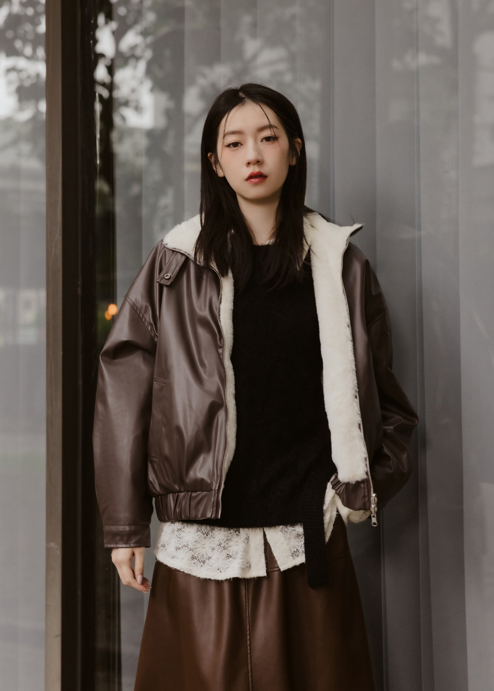 雙面穿皮革仿皮草外套