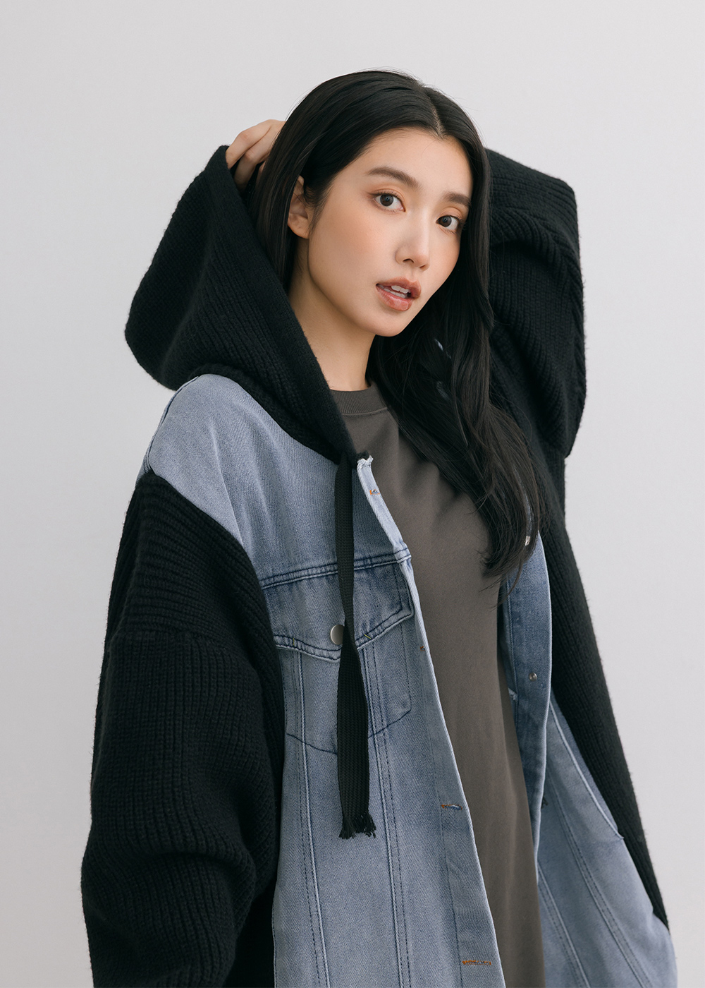 長版拼接牛仔外套