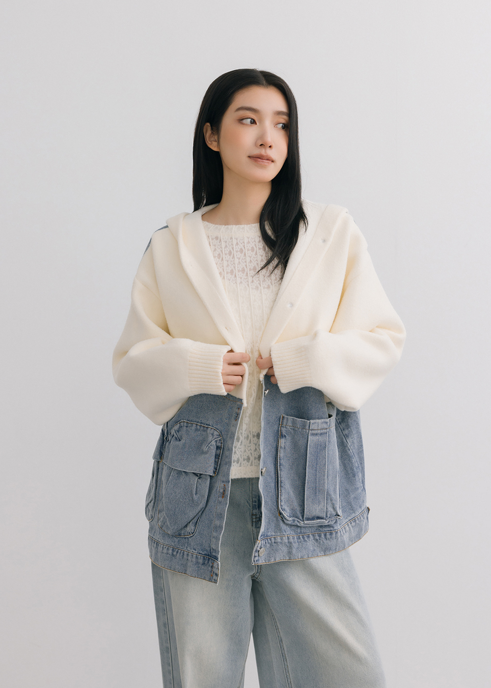 牛仔拼接撞色帽T外套