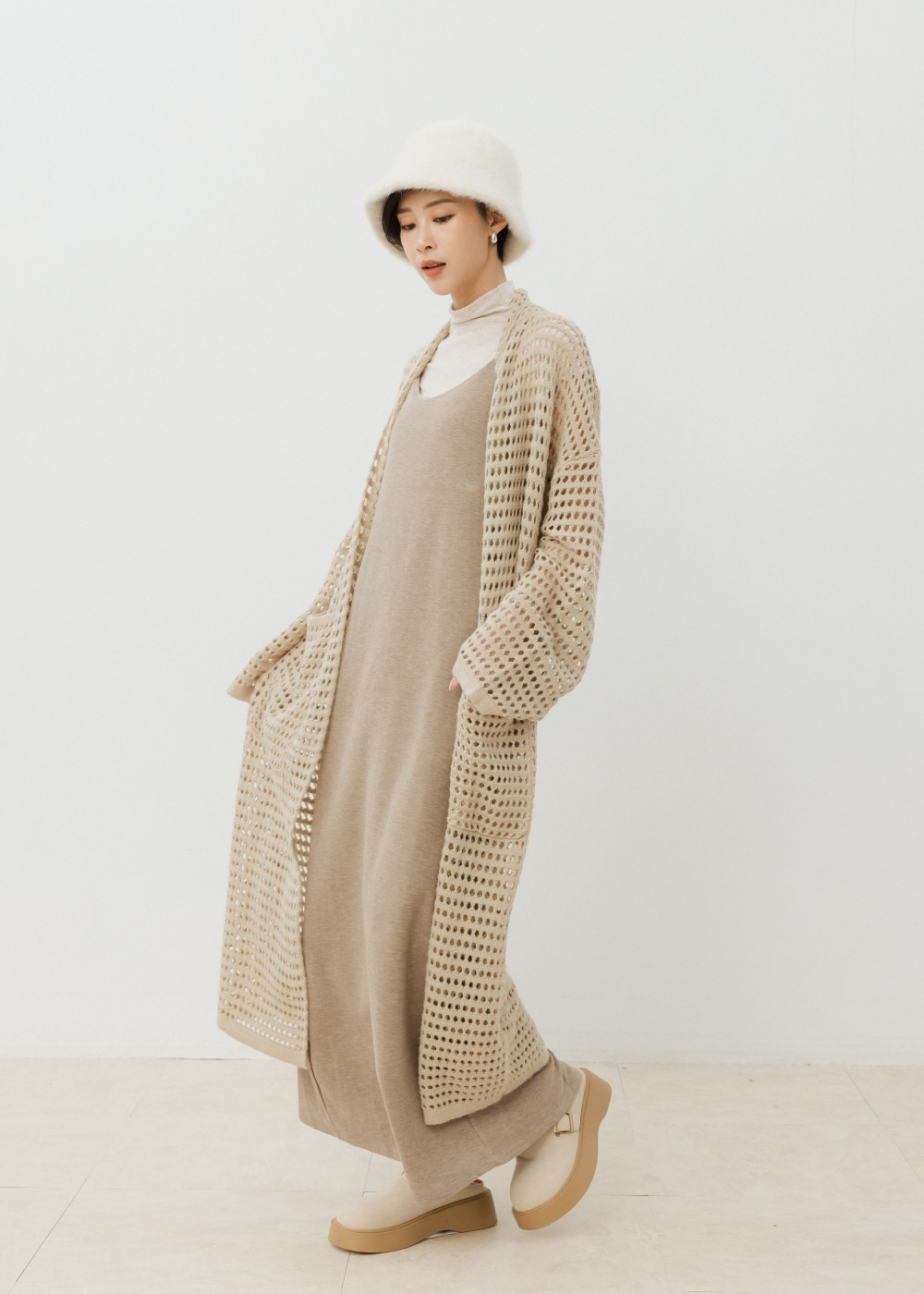 簍空針織長版開襟衫