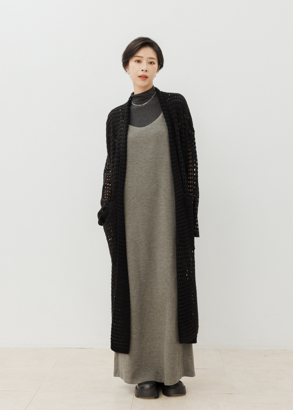簍空針織長版開襟衫