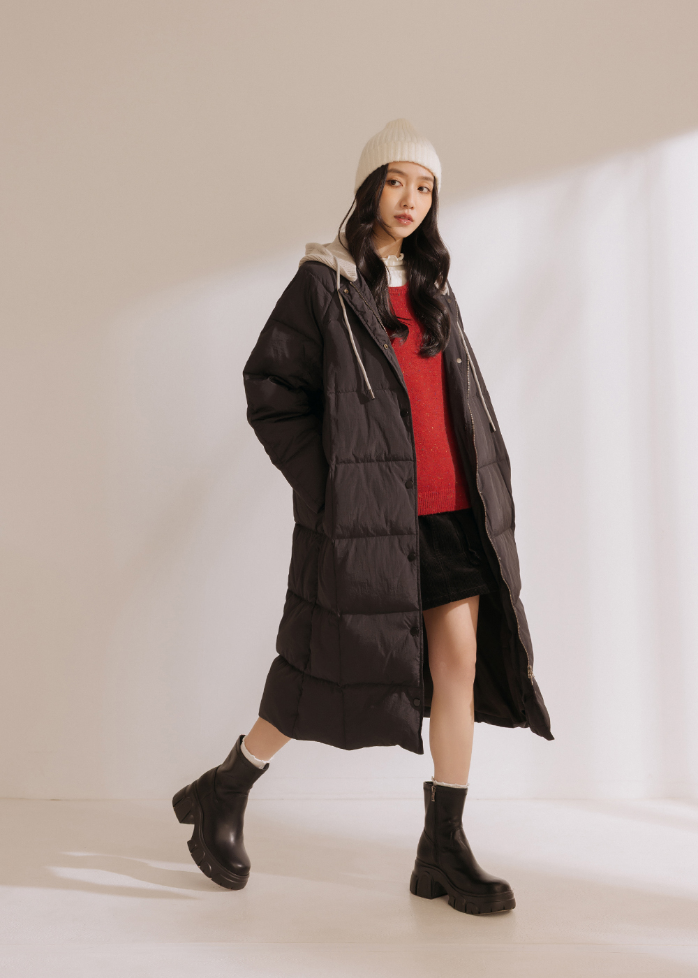 可拆式帽子長羽絨外套