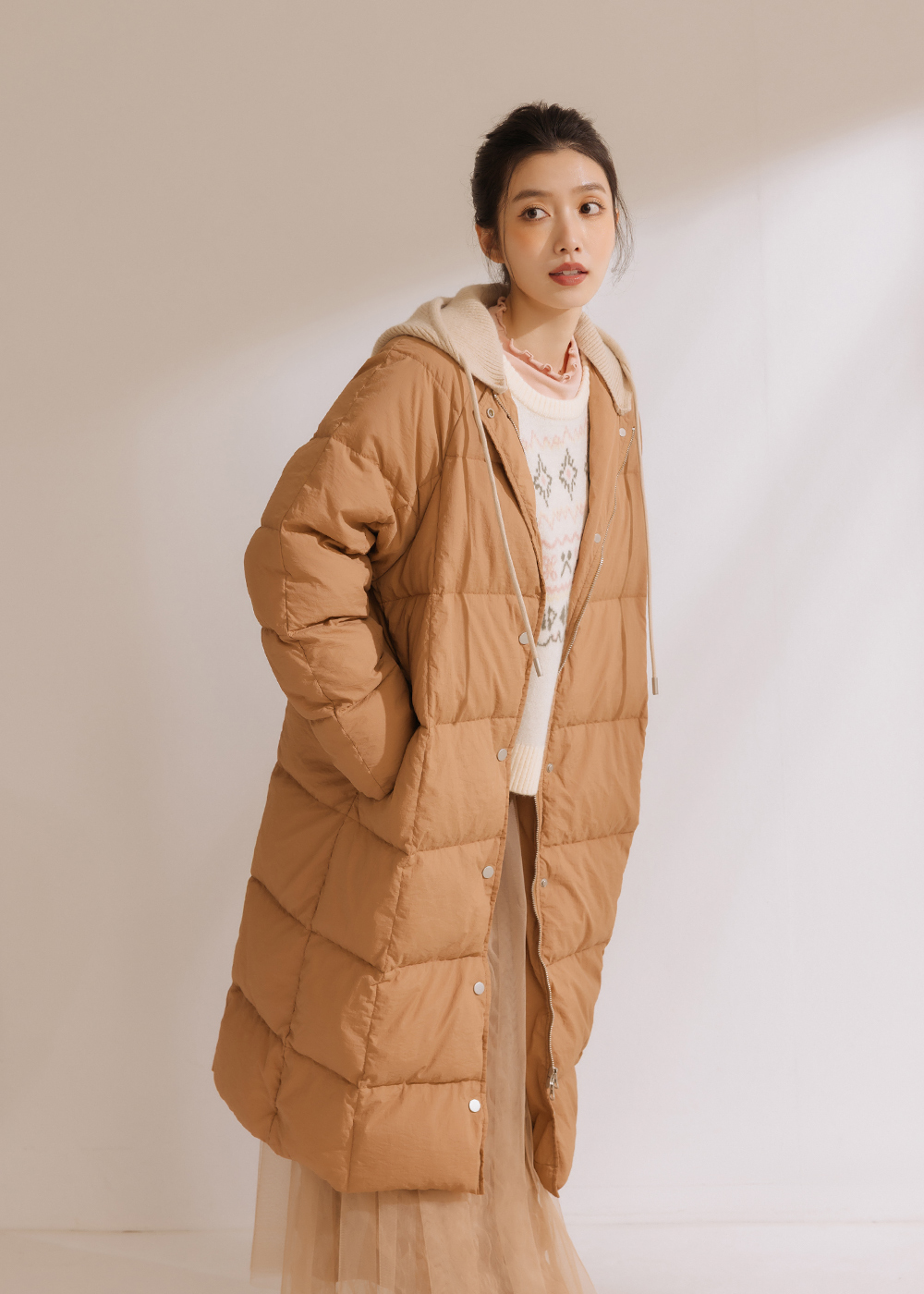 可拆式帽子長羽絨外套