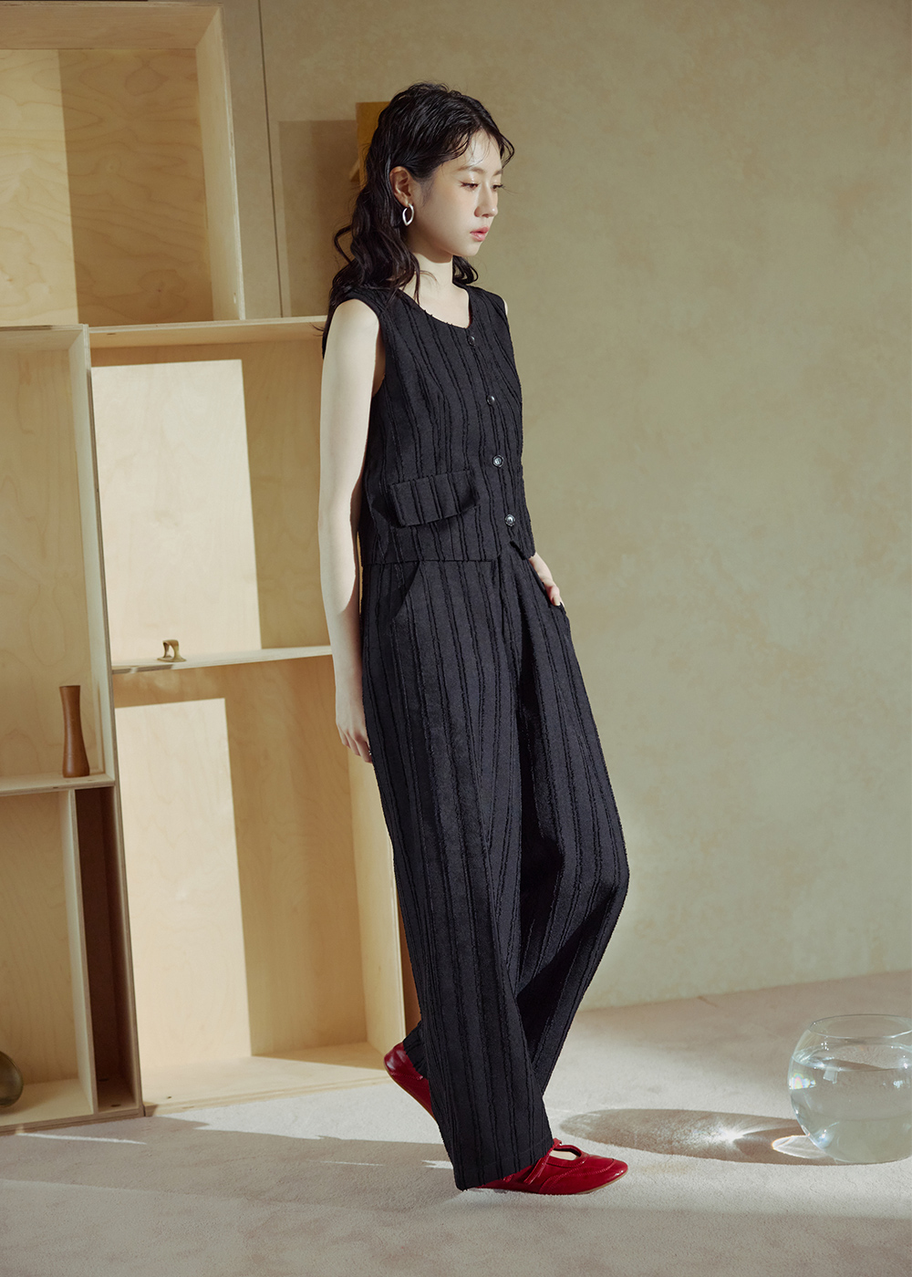 設計感緹花直條長褲