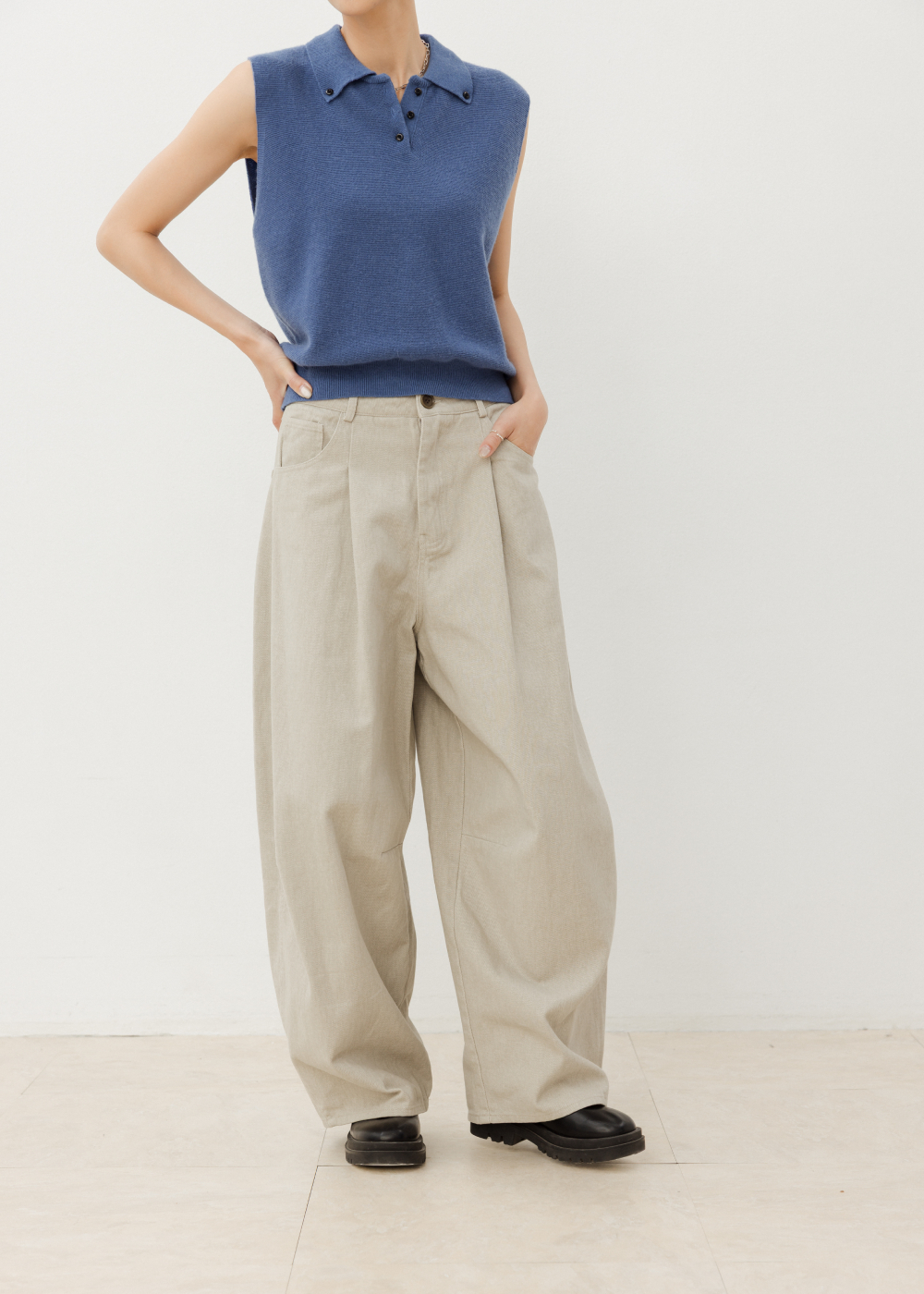 前打摺高腰闊腿休閒褲