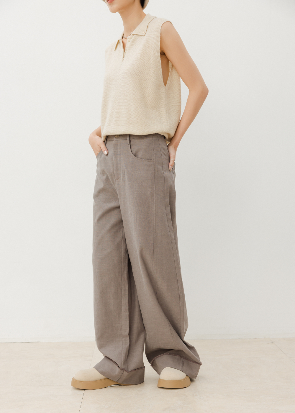 天絲棉麻復古高腰闊腿褲