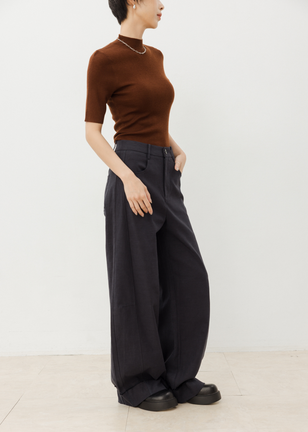 天絲棉麻復古高腰闊腿褲