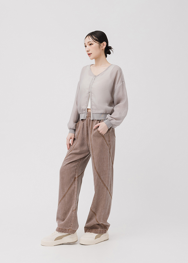 特殊水洗剪接直筒長褲