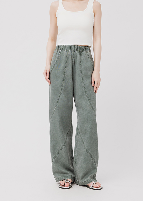 特殊水洗剪接直筒長褲