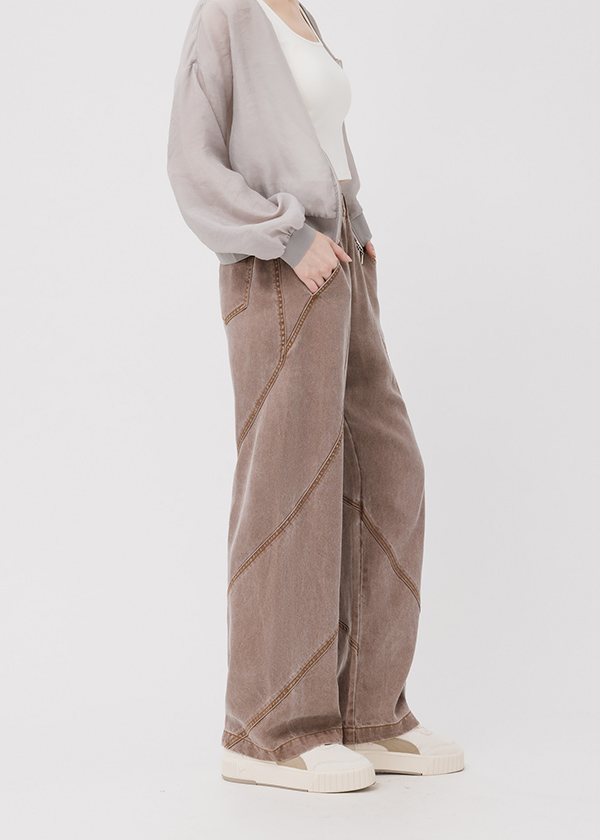 特殊水洗剪接直筒長褲