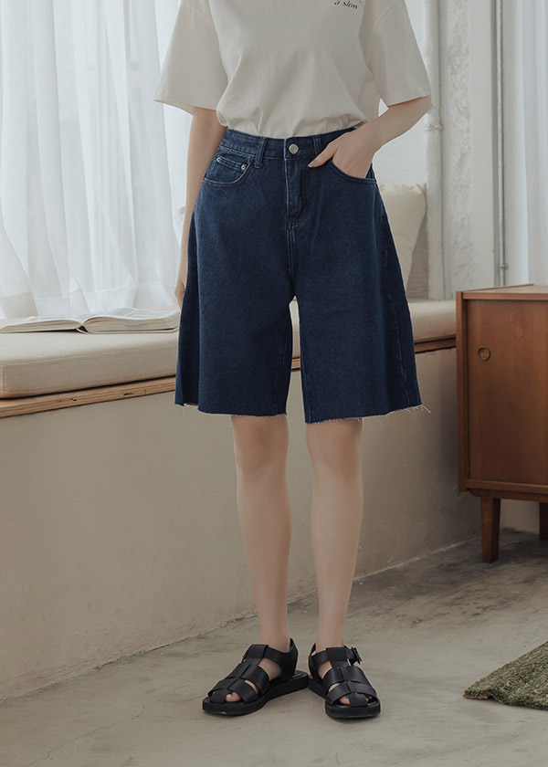 不收邊高級藍丹寧五分褲