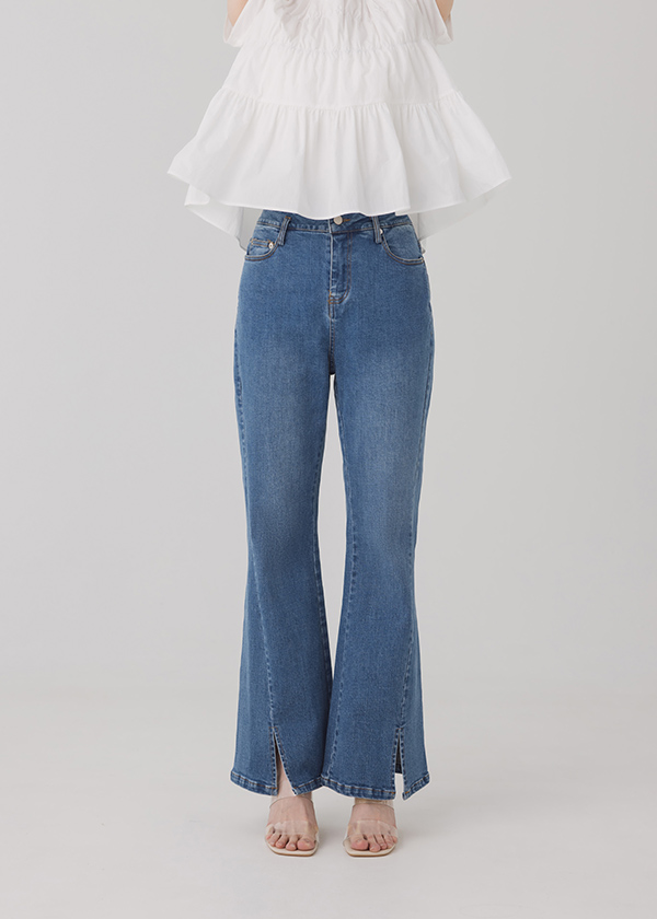 時髦筷子腿彈力開叉丹寧褲